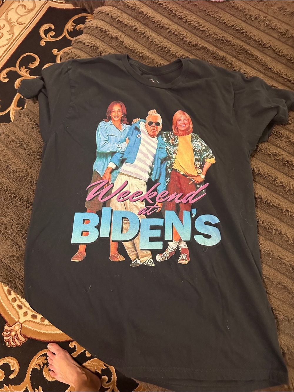 Men’s large Weekend at Biden's Graphic Tee - Black with Blue & Pink Print